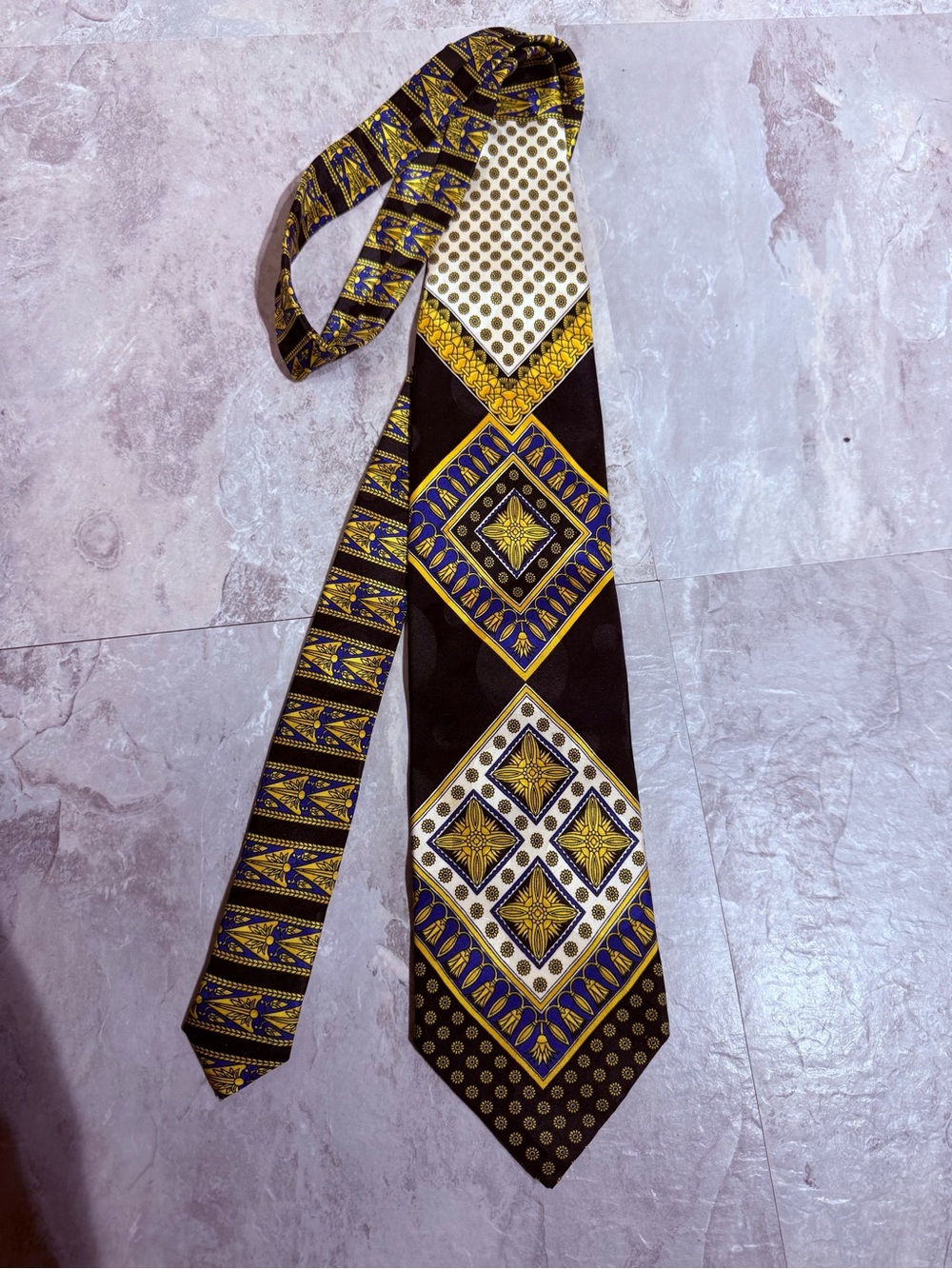 NWOT Vintage Enrico Venturi Silk Tie Black Yellow Blue Geometric Baroque